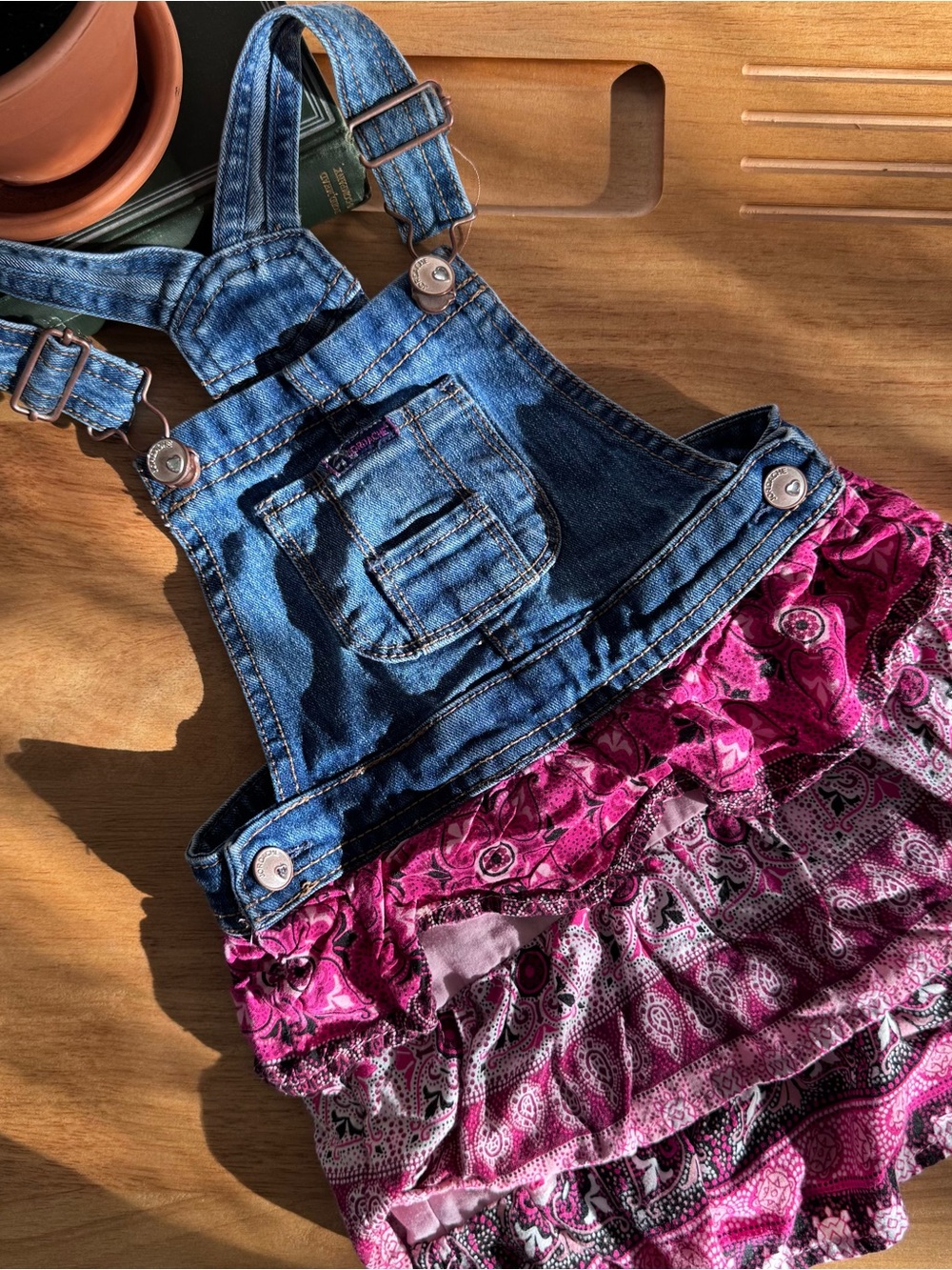 Y2K Jordache Denim Overall Dress Pink Paisley Ruffle Skirt 3T
